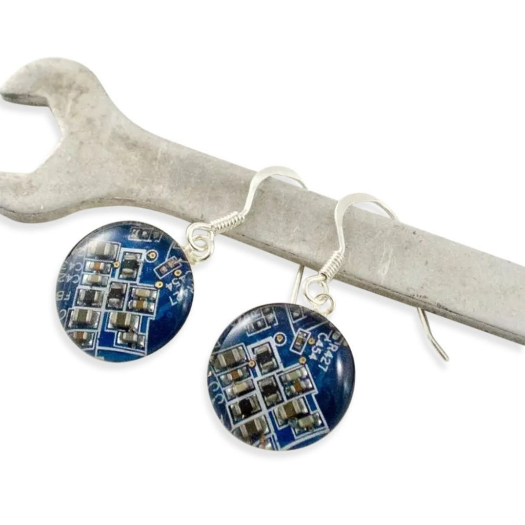 Blue Circuit Board Dangle Earrings on Tool