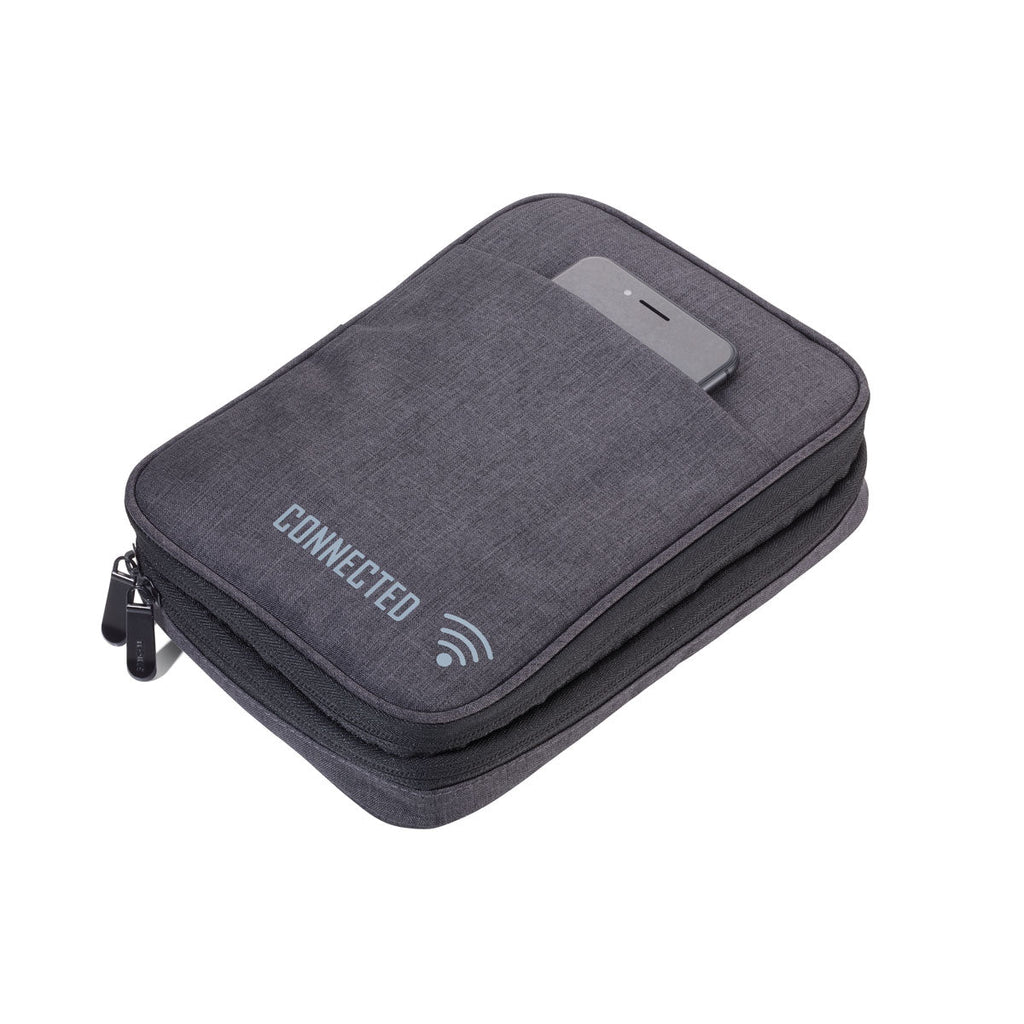 "Connected" Electronics Organizer, front with phone in pocket